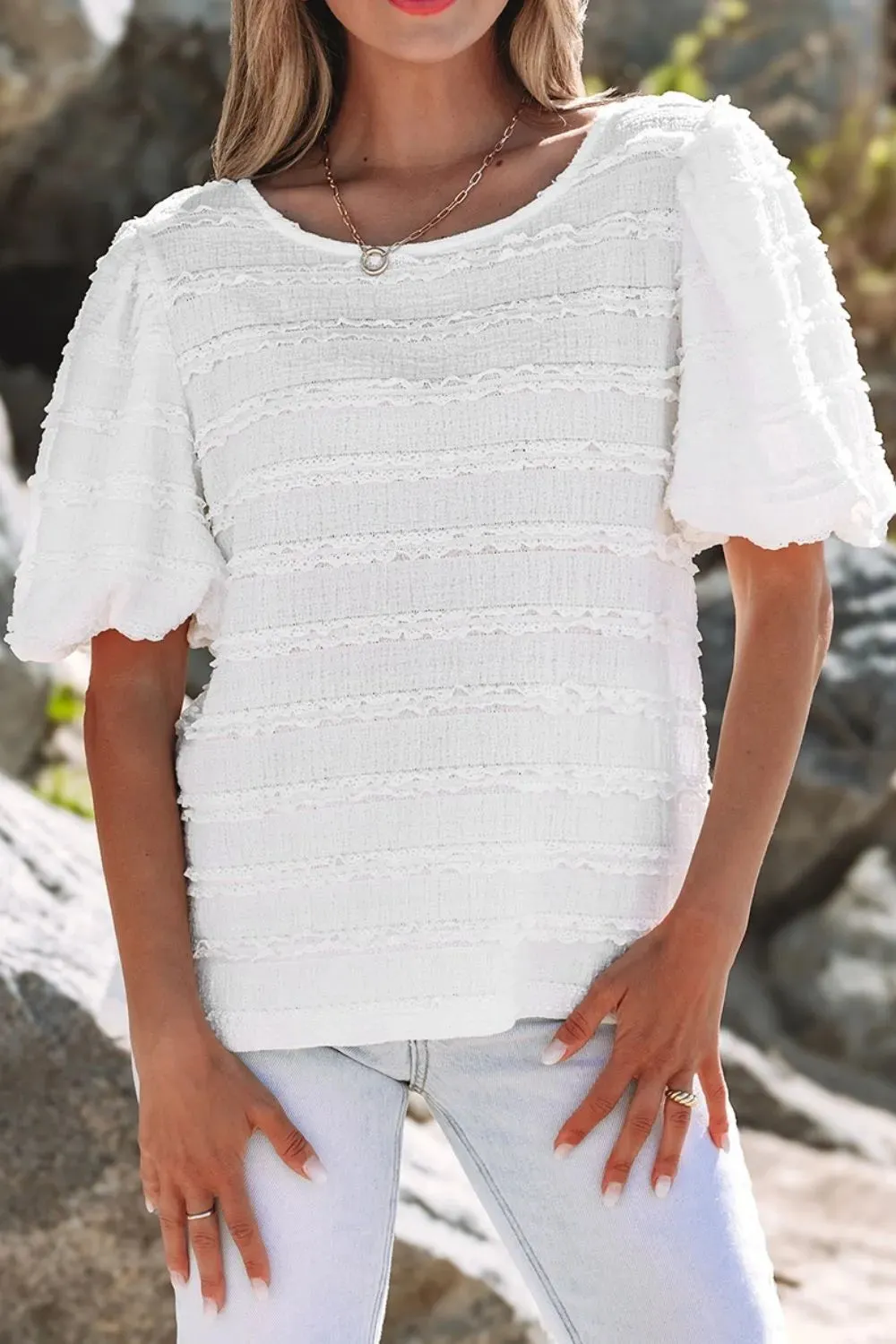 Frilled Lace Trim Bubble Sleeve Blouse sold by Charming Charlie product image thumbnail 4