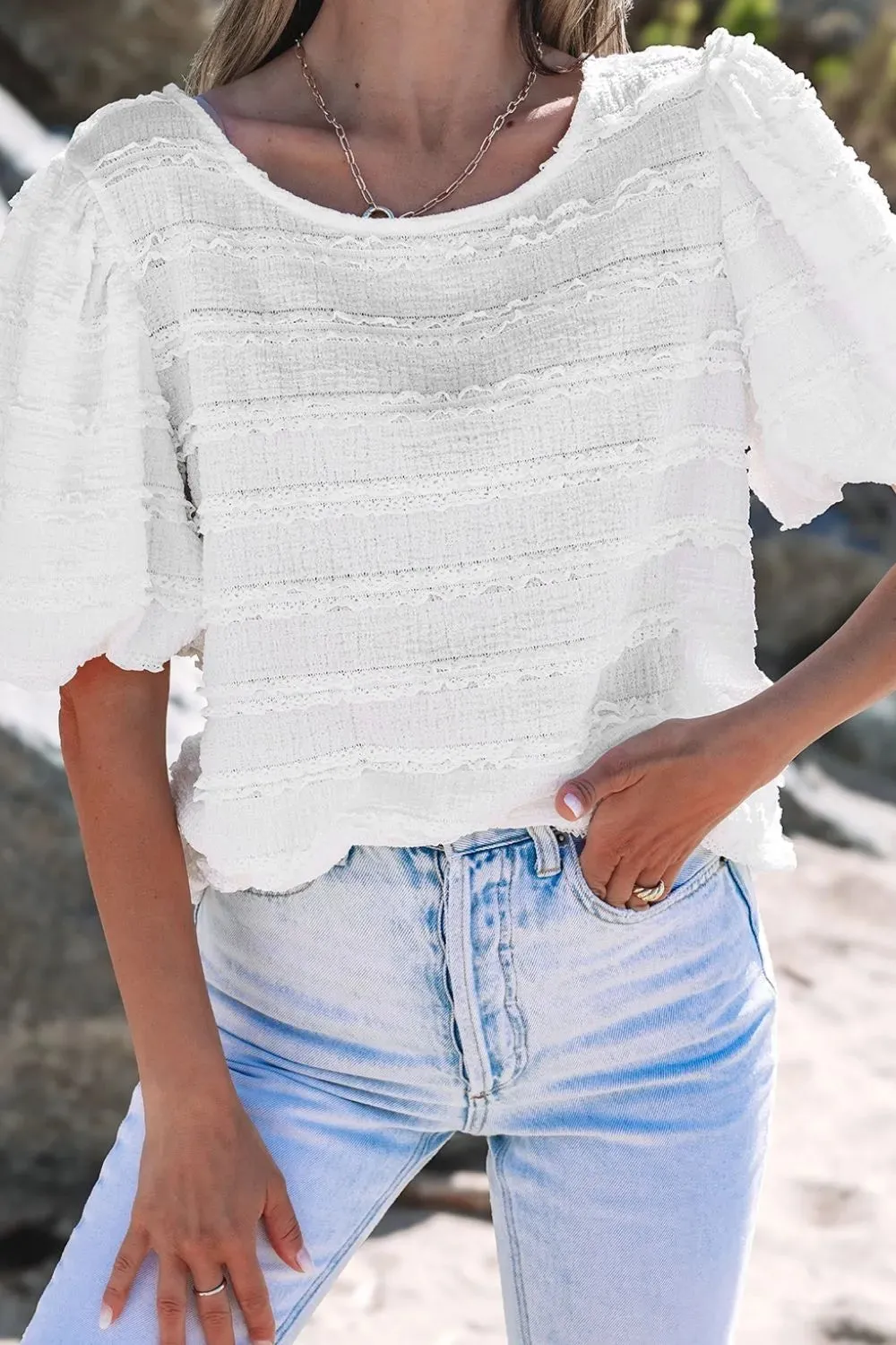 Frilled Lace Trim Bubble Sleeve Blouse sold by Charming Charlie product image thumbnail 3