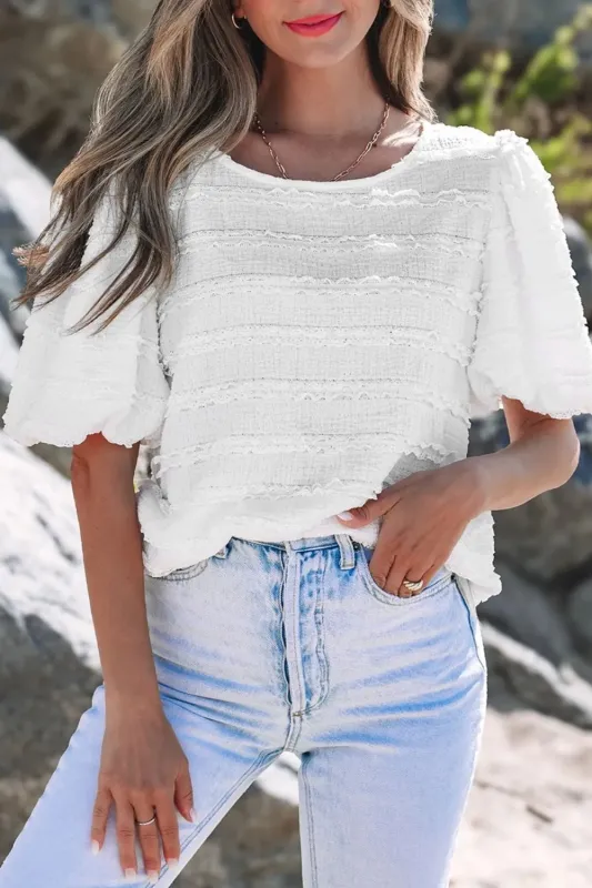 Frilled Lace Trim Bubble Sleeve Blouse sold by Charming Charlie