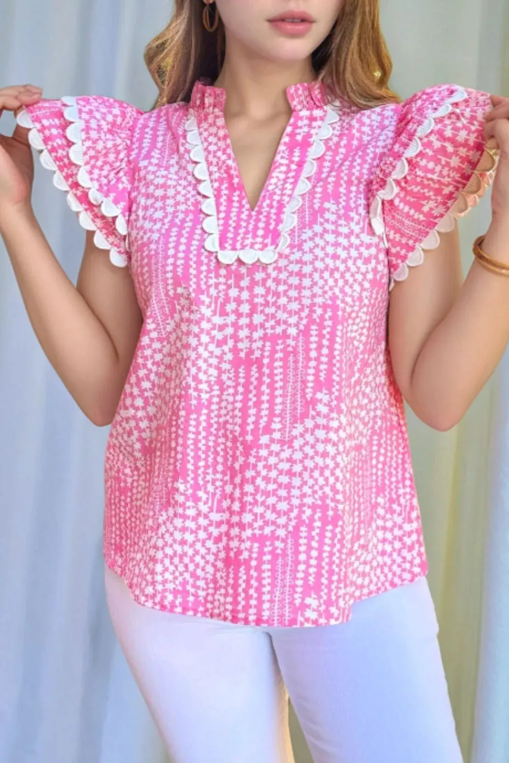 Abstract Print Ric Rac Trim Flutter Sleeve Notched Blouse sold by Charming Charlie