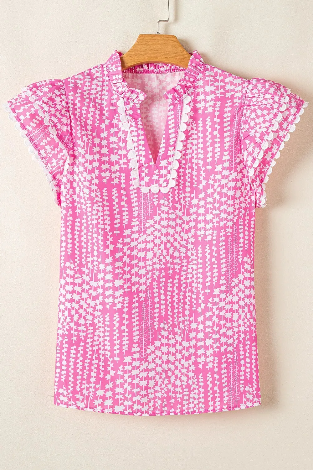 Abstract Print Ric Rac Trim Flutter Sleeve Notched Blouse sold by Charming Charlie product image thumbnail 5