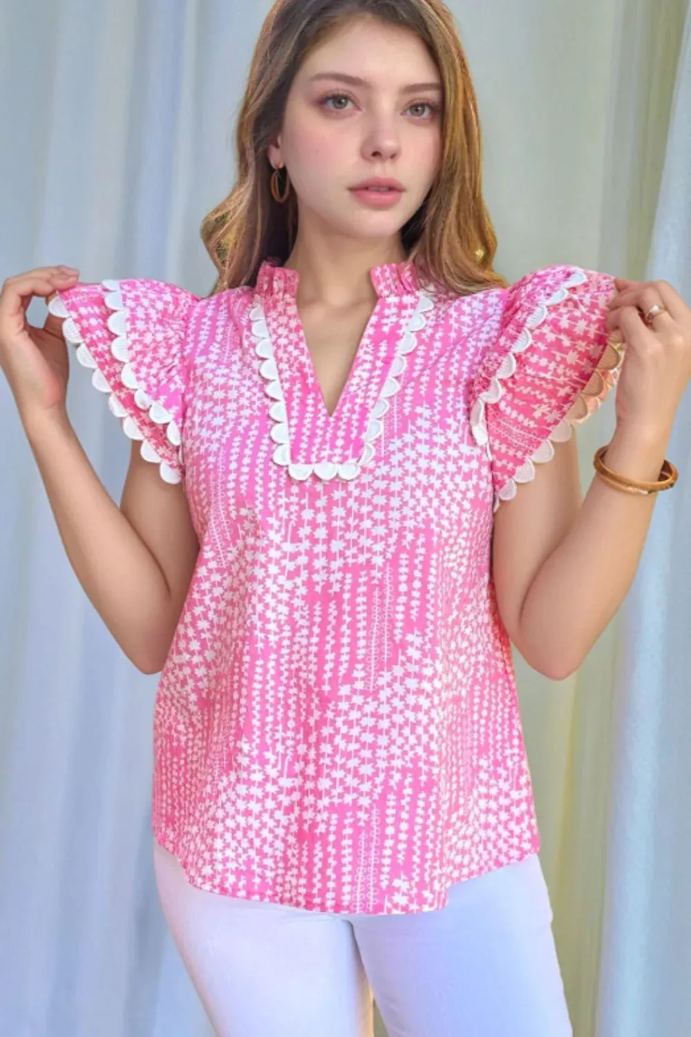 Abstract Print Ric Rac Trim Flutter Sleeve Notched Blouse sold by Charming Charlie product image thumbnail 2