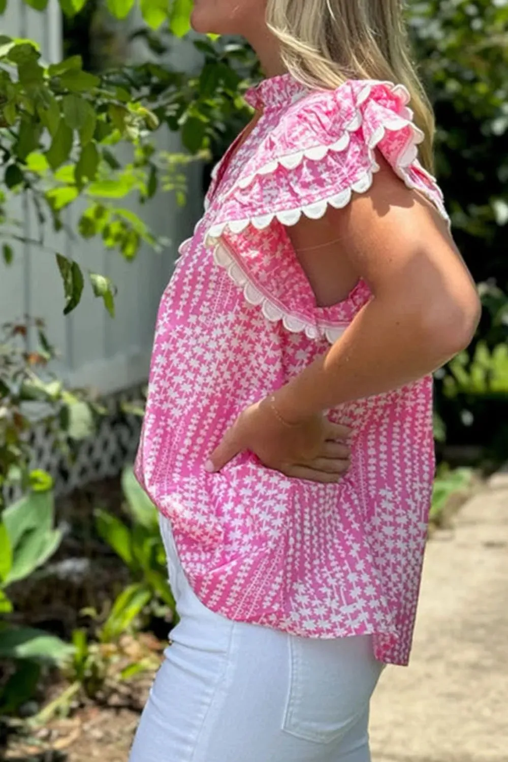 Abstract Print Ric Rac Trim Flutter Sleeve Notched Blouse sold by Charming Charlie product image thumbnail 4