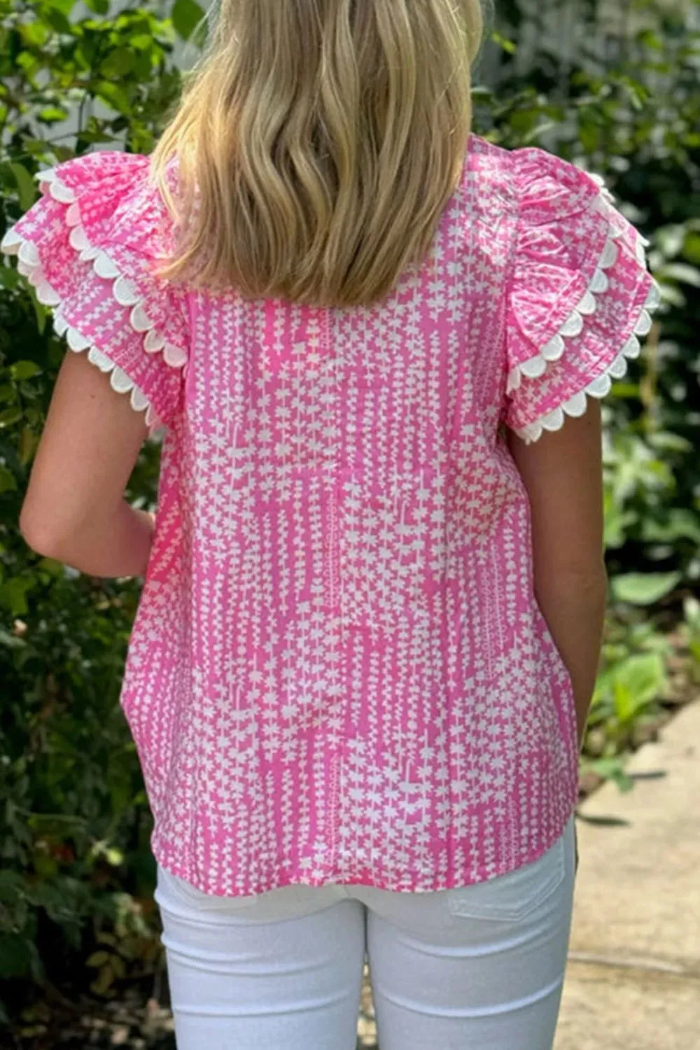 Abstract Print Ric Rac Trim Flutter Sleeve Notched Blouse sold by Charming Charlie product image thumbnail 3