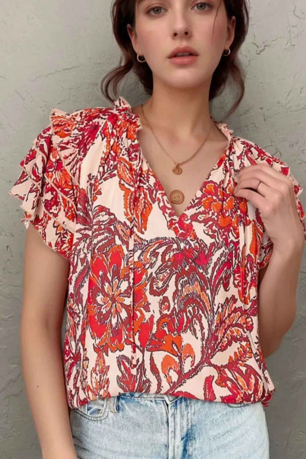 Vintage Floral Ruffle Sleeve V Neck Blouse sold by Charming Charlie product image thumbnail 2