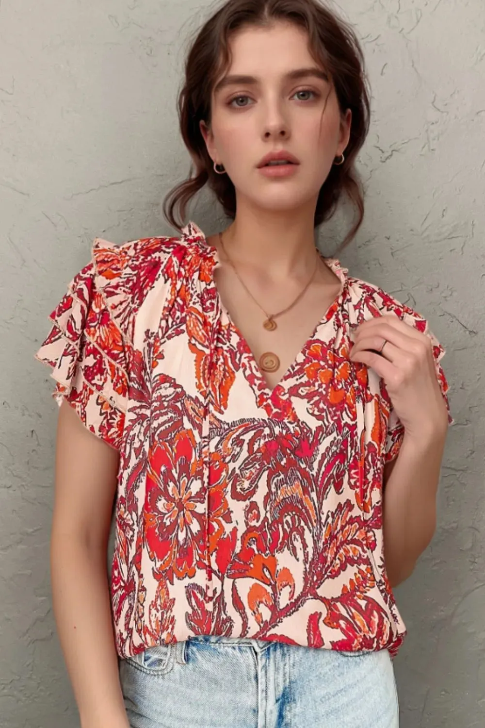 Vintage Floral Ruffle Sleeve V Neck Blouse sold by Charming Charlie