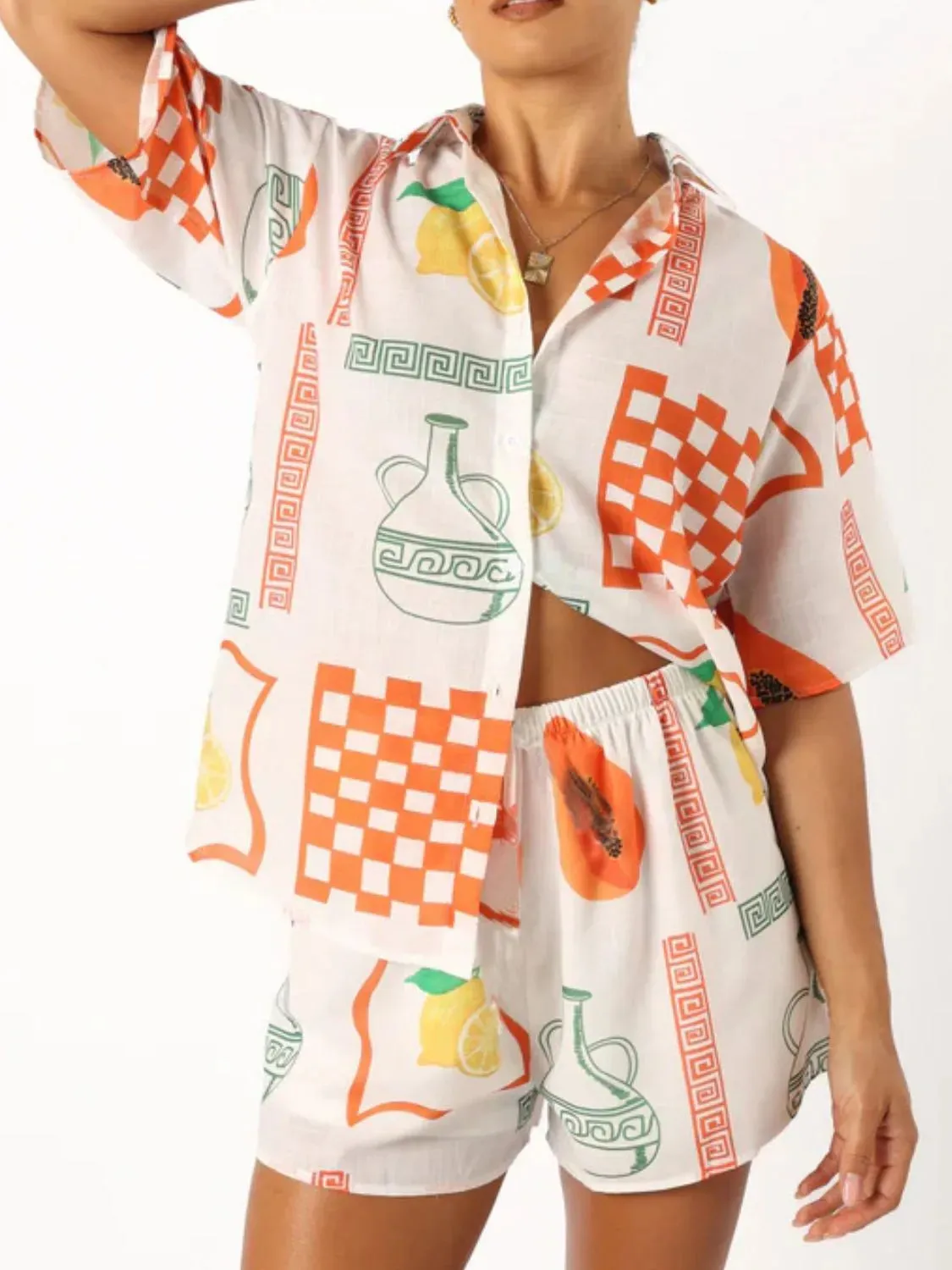 Printed Button Up Top and Shorts Set sold by Charming Charlie