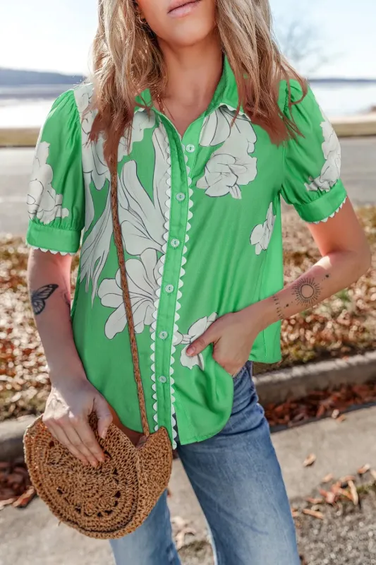 Floral Ric Rac Edge Puff Sleeve Button Up Summer Shirt sold by Charming Charlie