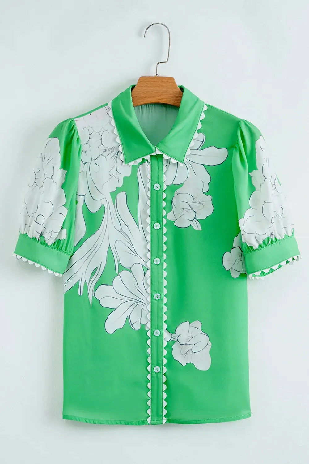 Floral Ric Rac Edge Puff Sleeve Button Up Summer Shirt sold by Charming Charlie product image thumbnail 2