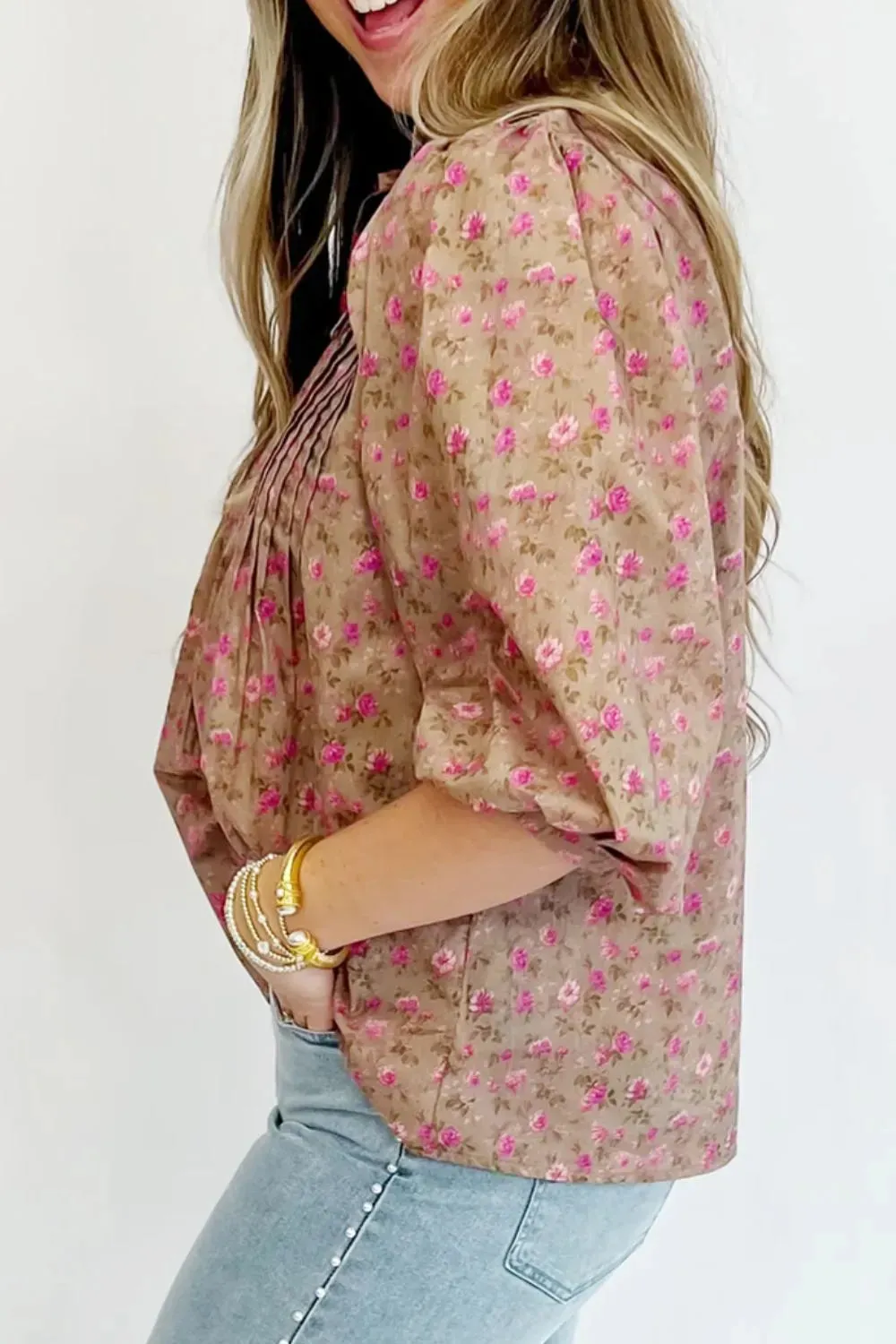 Floral Print Bow Pintuck Bust Half Puff Sleeve Blouse Top sold by Charming Charlie product image thumbnail 4