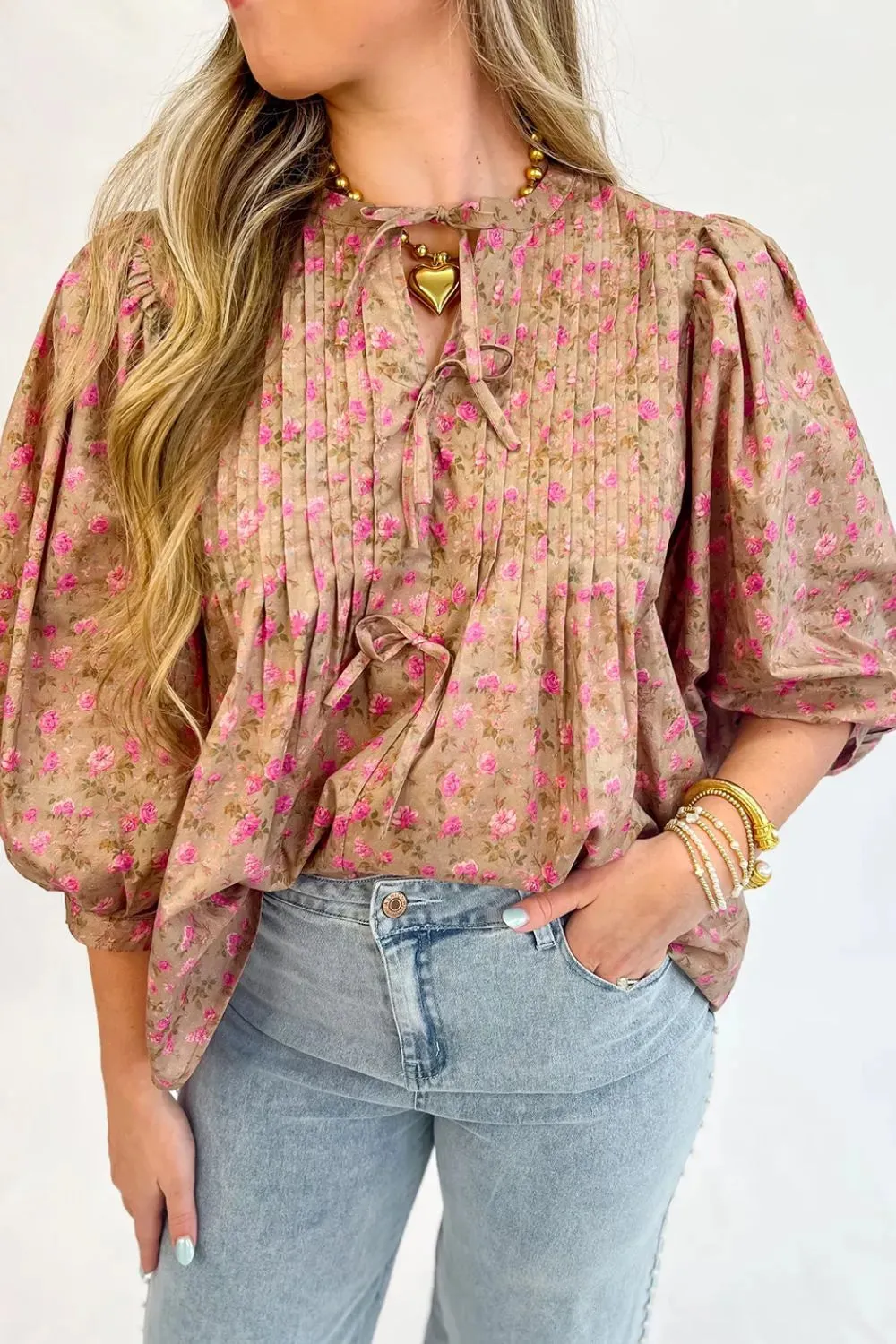 Floral Print Bow Pintuck Bust Half Puff Sleeve Blouse Top sold by Charming Charlie product image thumbnail 3