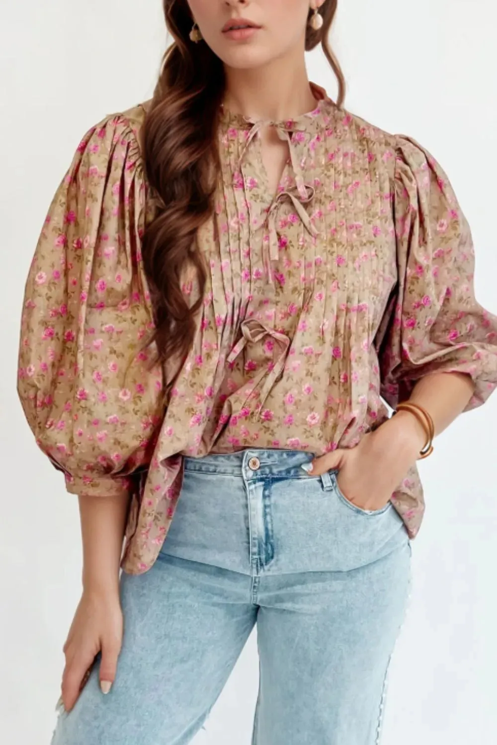 Floral Print Bow Pintuck Bust Half Puff Sleeve Blouse Top sold by Charming Charlie product image thumbnail 2