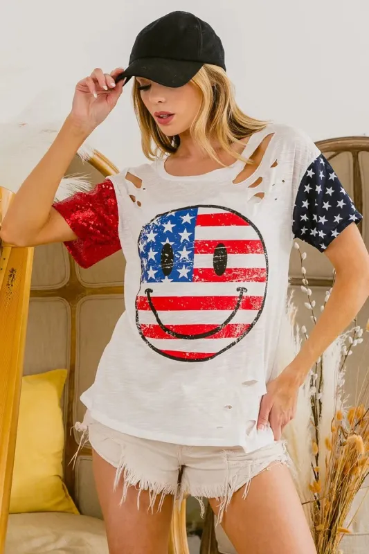 BiBi Fourth Of July Top With Laser Cut And Smile Face made by Charming Charlie