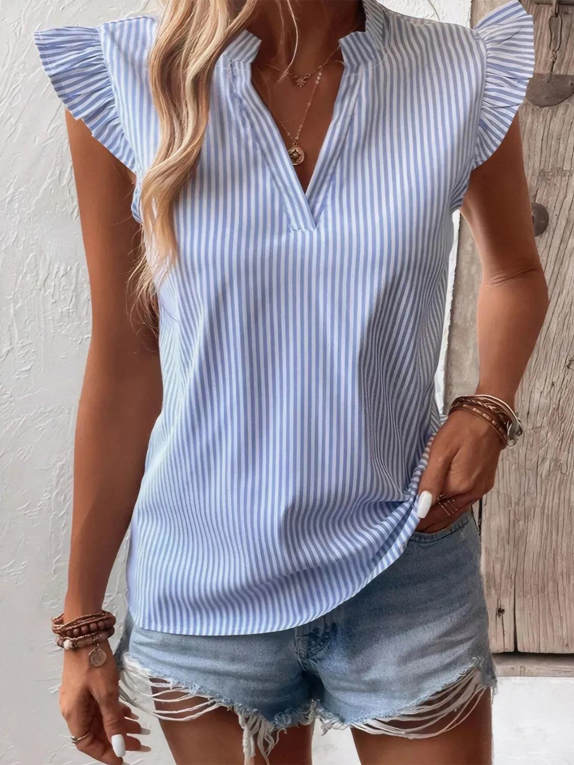 Striped Notched Cap Sleeve Blouse sold by Charming Charlie product image thumbnail 3