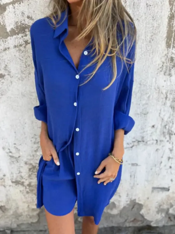 Full Size Pocketed Collared Neck Shirt and Shorts Set Plus Size sold by Charming Charlie