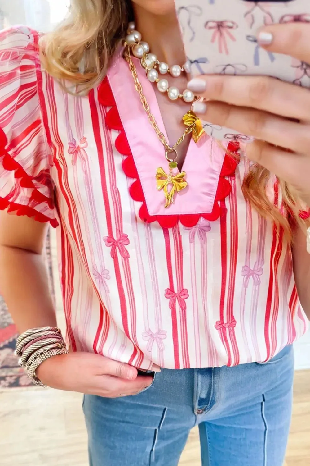 Ric-Rac Trim Ruffled Sleeve Striped Printed Blouse sold by Charming Charlie