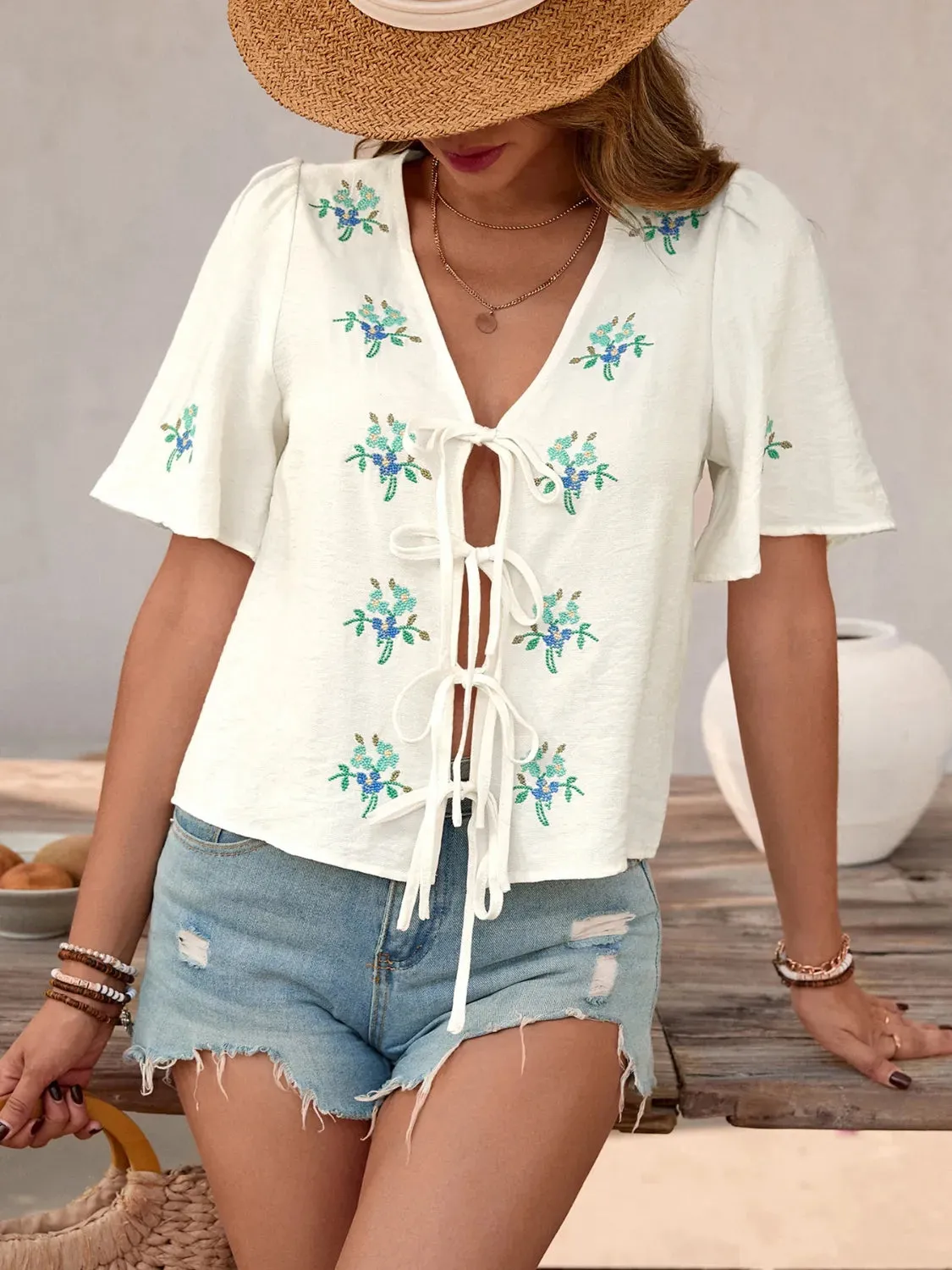 Embroidered V-Neck Short Sleeve Shirt sold by Charming Charlie product image thumbnail 4
