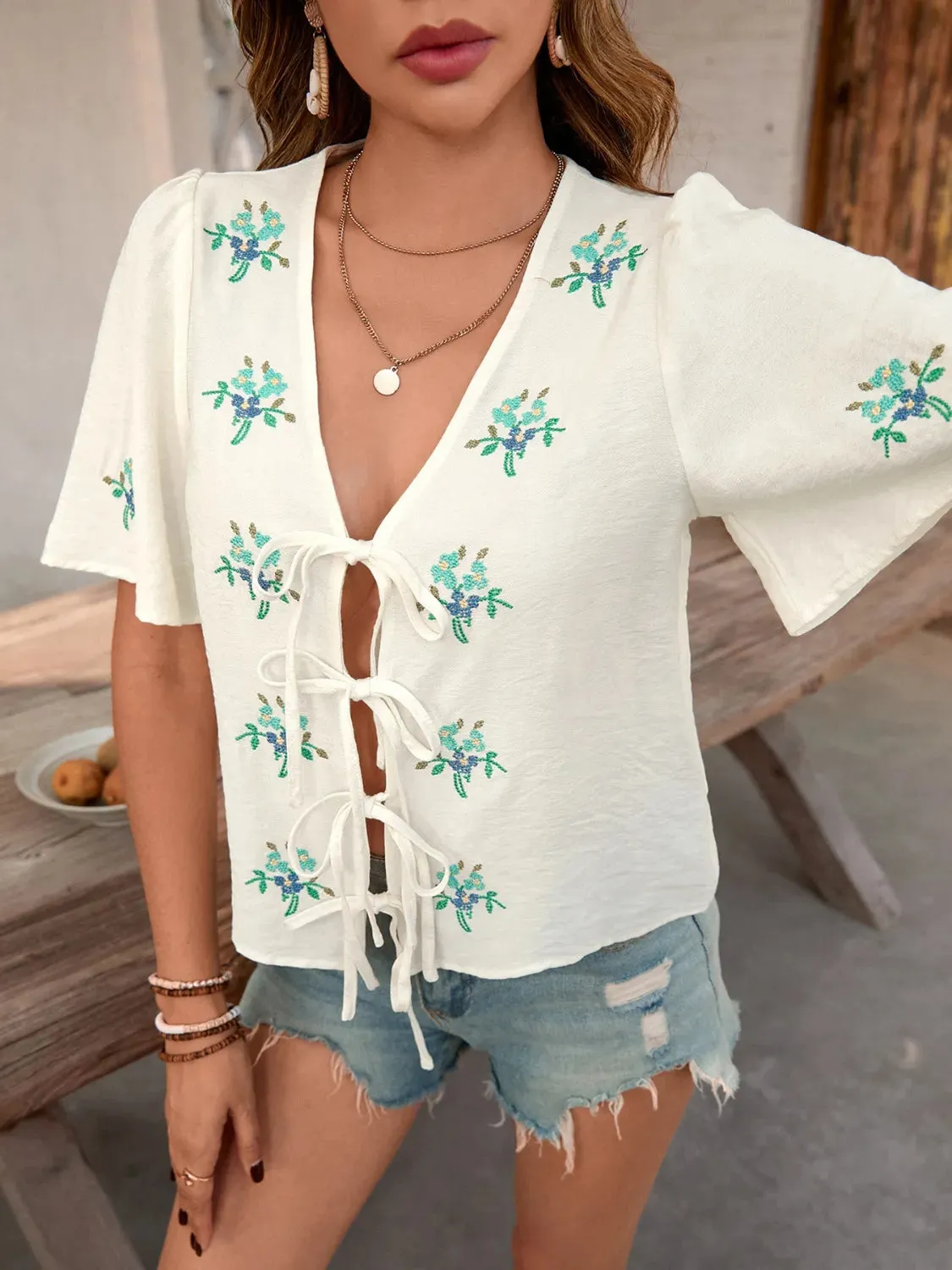 Embroidered V-Neck Short Sleeve Shirt sold by Charming Charlie product image thumbnail 3