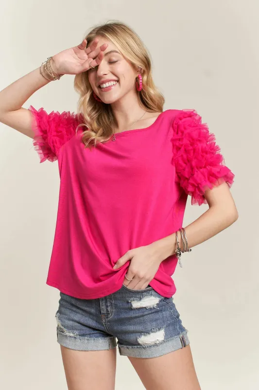 ADORA Mesh Ruffle Accent Blouse sold by Charming Charlie