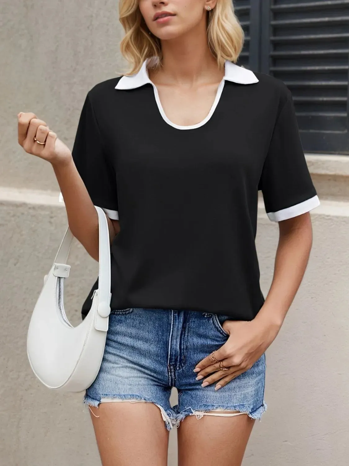 Collared Neck Short Sleeve Top sold by Charming Charlie