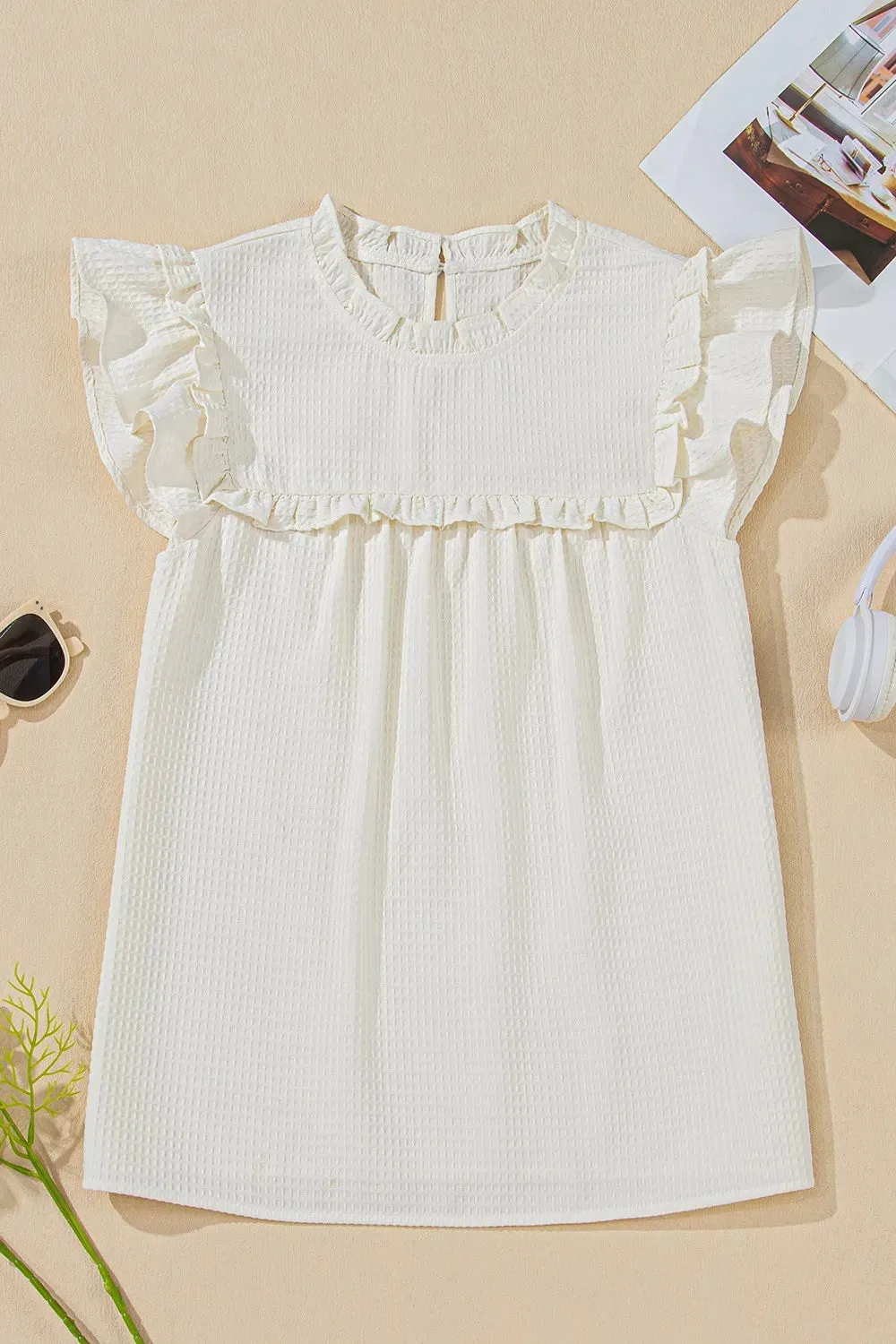 Solid Color Ruffle Trim Waffle Knit Blouse sold by Charming Charlie product image thumbnail 3