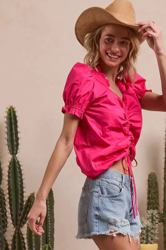 BiBi Ruffled Square Neck With Front Ruched Puff Sleeve sold by Charming Charlie