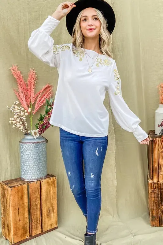 And The Why Flower Gold Embroidery Shoulder Detailed Top sold by Charming Charlie product image thumbnail 5