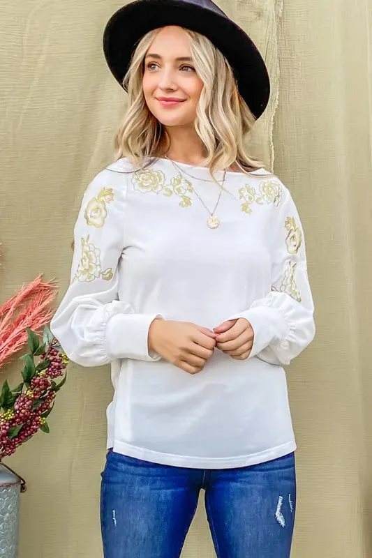 And The Why Flower Gold Embroidery Shoulder Detailed Top sold by Charming Charlie