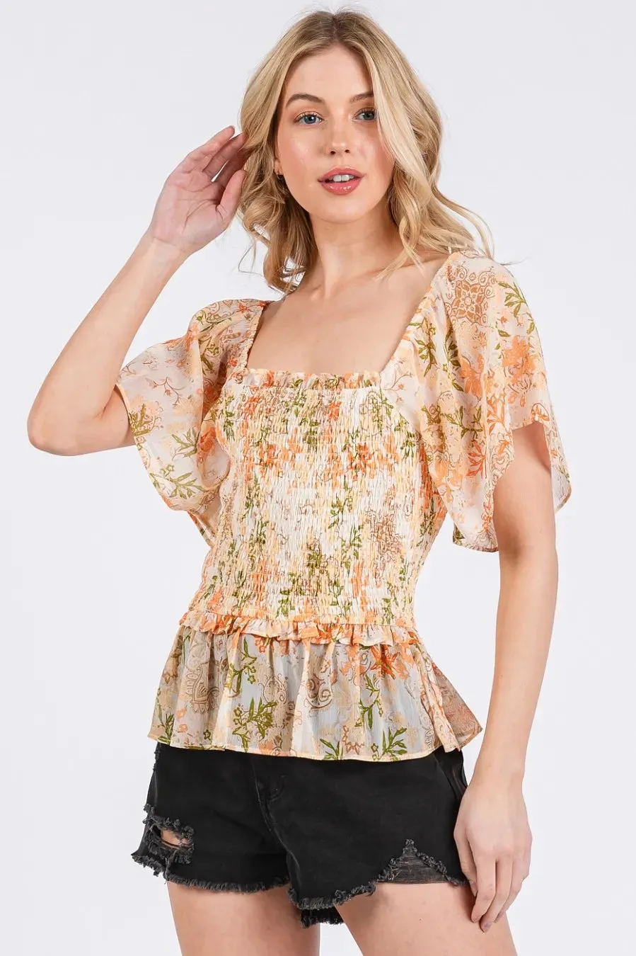 Mittoshop Floral Chiffon Smocked Square Neck Peplum Top sold by Charming Charlie product image thumbnail 3