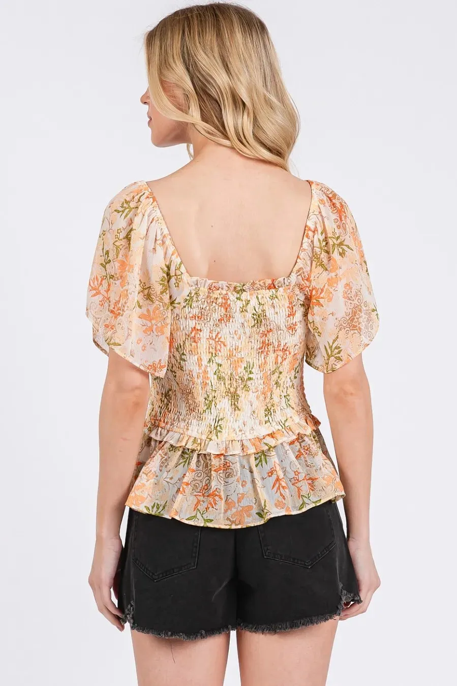 Mittoshop Floral Chiffon Smocked Square Neck Peplum Top sold by Charming Charlie product image thumbnail 4