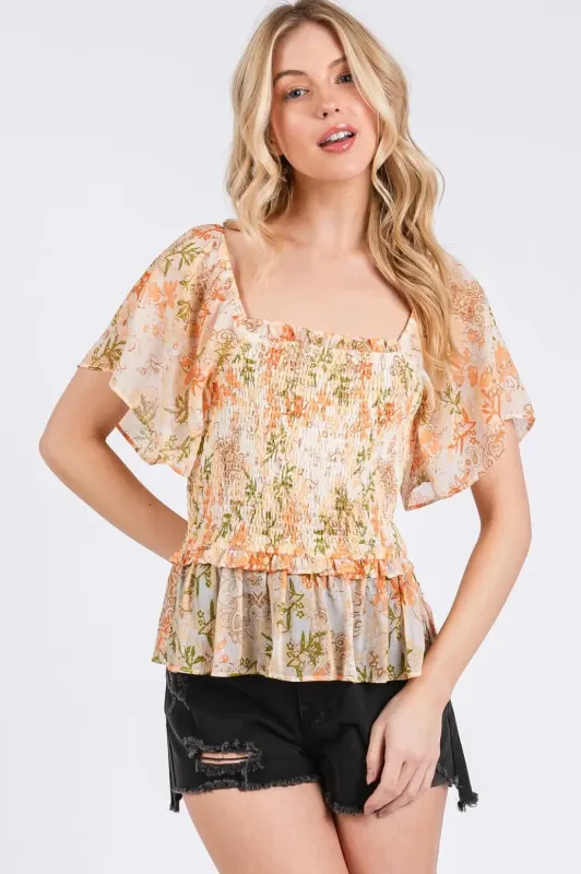 Mittoshop Floral Chiffon Smocked Square Neck Peplum Top sold by Charming Charlie