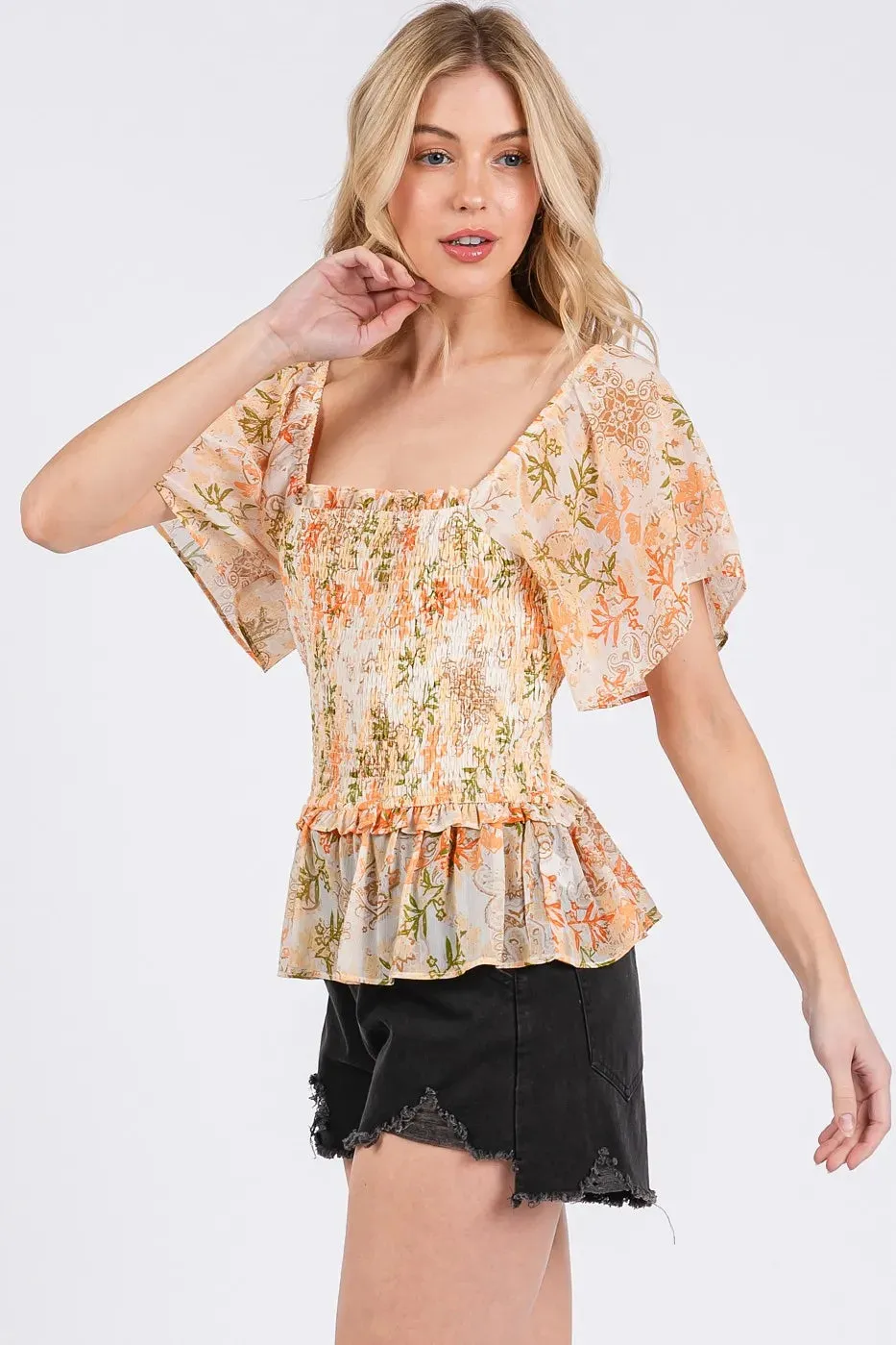 Mittoshop Floral Chiffon Smocked Square Neck Peplum Top sold by Charming Charlie product image thumbnail 2