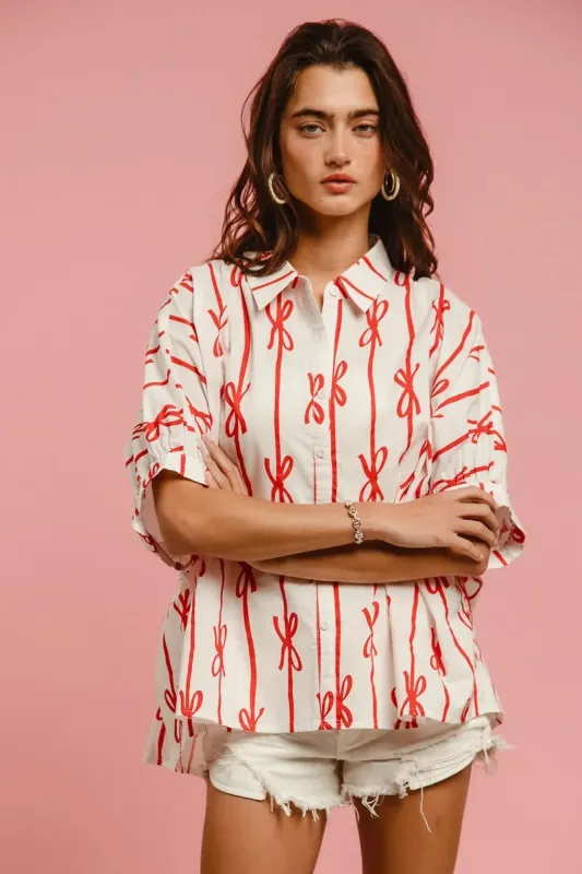 BiBi Bow Ribbon Woven Printed Button Down Shirt sold by Charming Charlie