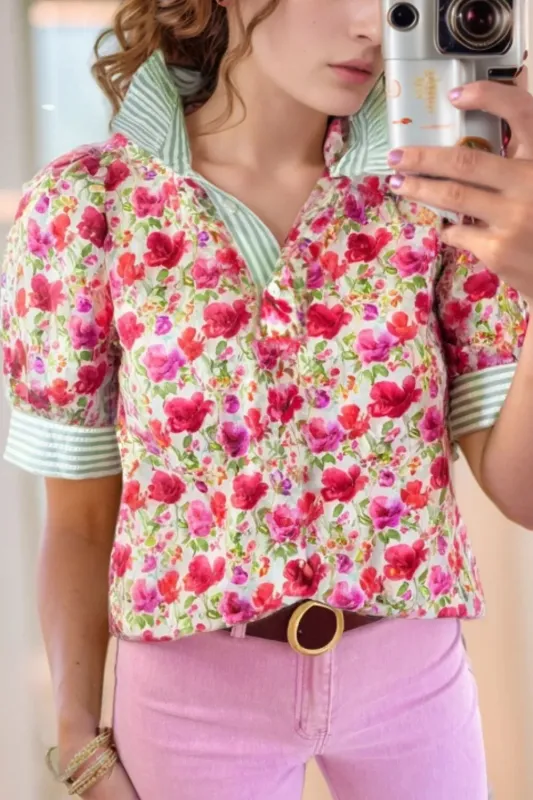 Printed Collared Neck Short Sleeve Blouse sold by Charming Charlie