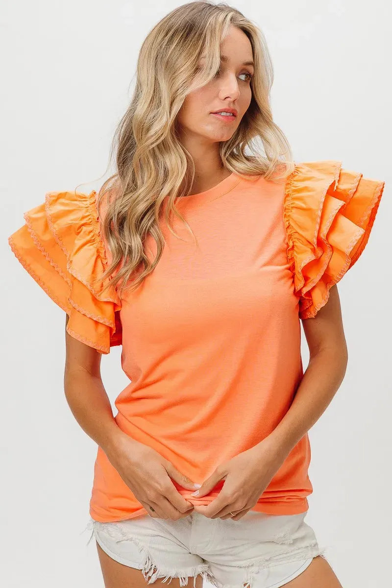 BiBi Knit Top Woven Ruffle Tiered Sleeves sold by Charming Charlie