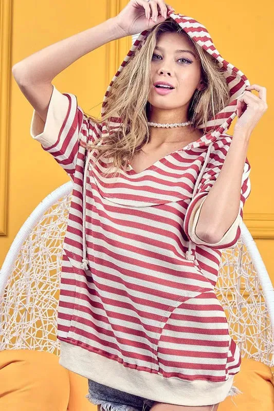 BiBi Stripe Fleece Notch Neck Short Sleeve Hoodie sold by Charming Charlie product image thumbnail 5