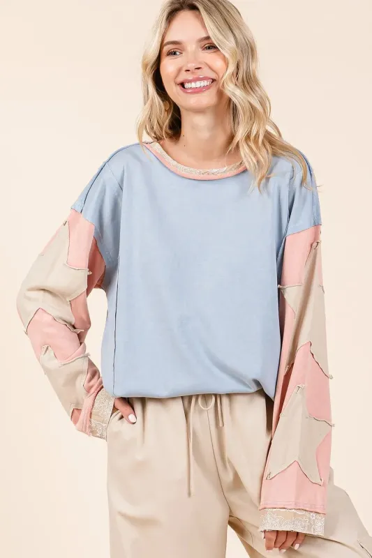 Mittoshop Star Patch Long Sleeve Colorblock Mineral Wash Top sold by Charming Charlie