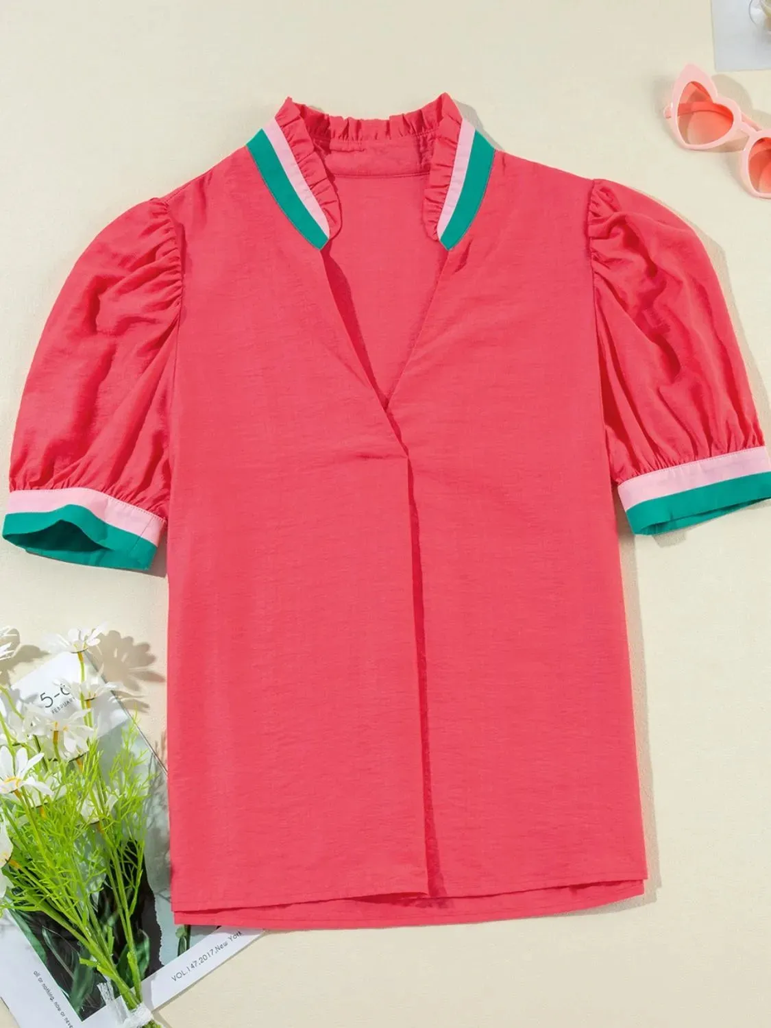 Carrot Colorful Trim V Neck Short Sleeve Blouse sold by Charming Charlie product image thumbnail 4