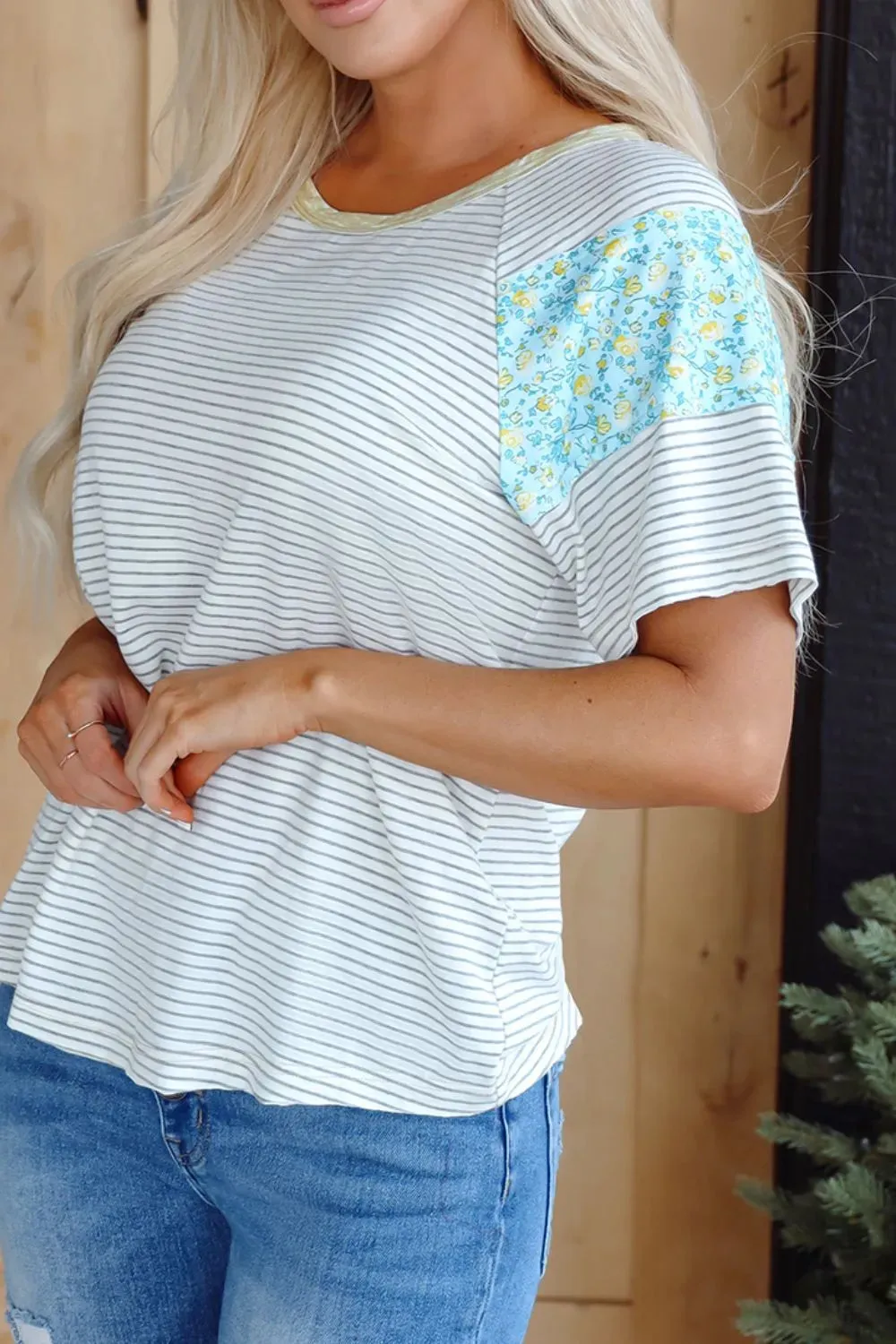 Stripe Floral Insert Sleeves Contrast Round Neck Tee sold by Charming Charlie product image thumbnail 5