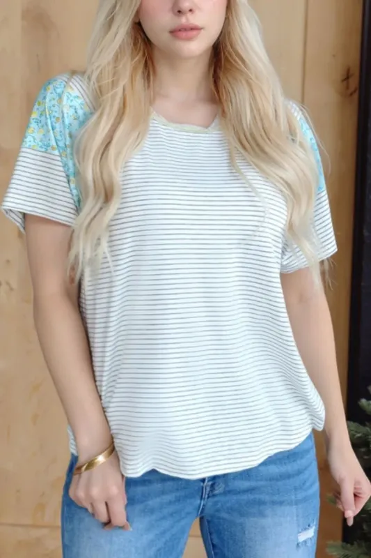 Stripe Floral Insert Sleeves Contrast Round Neck Tee sold by Charming Charlie