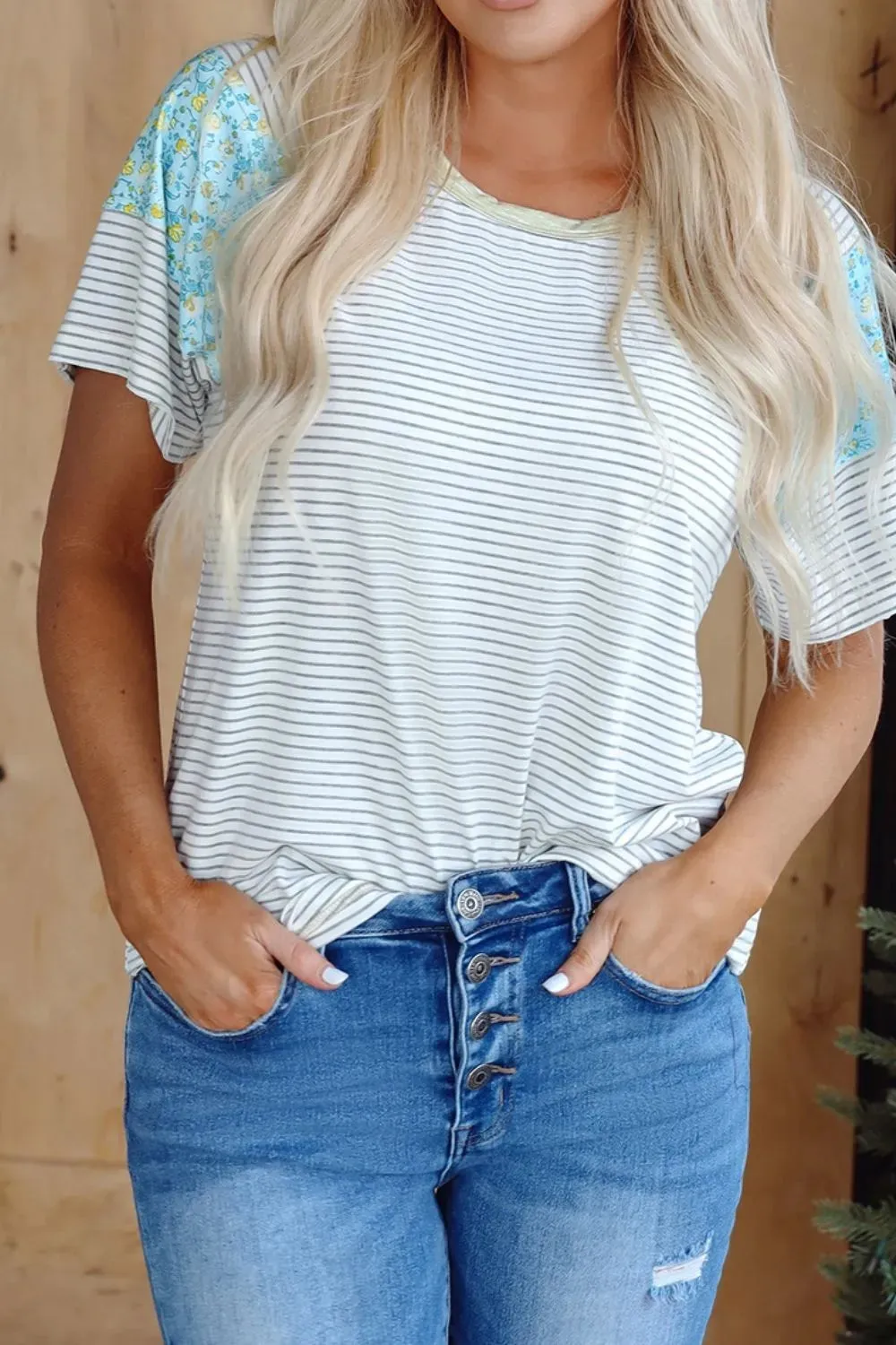 Stripe Floral Insert Sleeves Contrast Round Neck Tee sold by Charming Charlie product image thumbnail 4