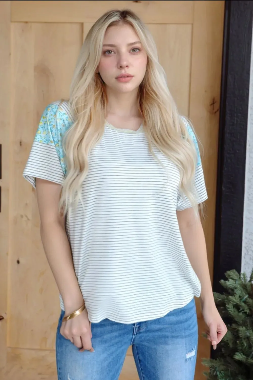 Stripe Floral Insert Sleeves Contrast Round Neck Tee sold by Charming Charlie product image thumbnail 2
