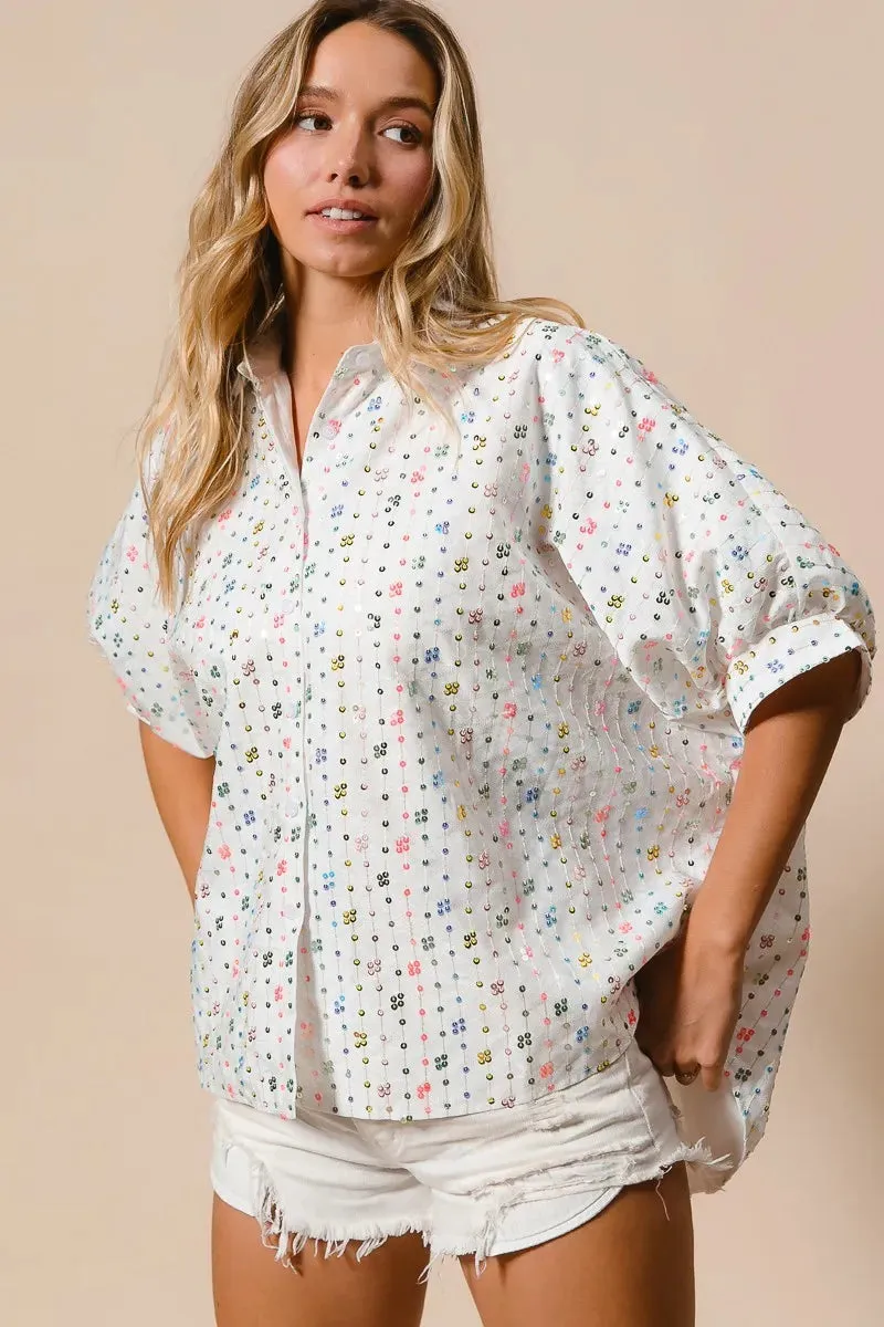 BiBi Sequin Striped Short Dolman Sleeve Blouse sold by Charming Charlie