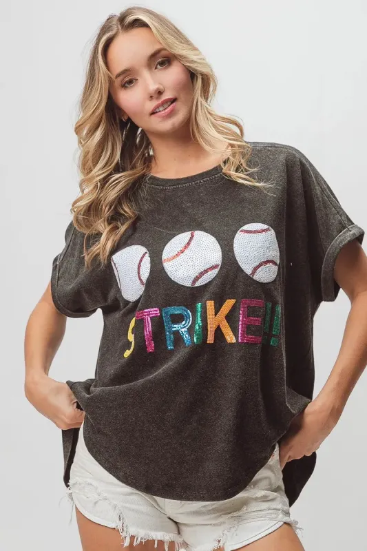 BiBi Sequin Baseballs Strike Washed Short Sleeve Top sold by Charming Charlie