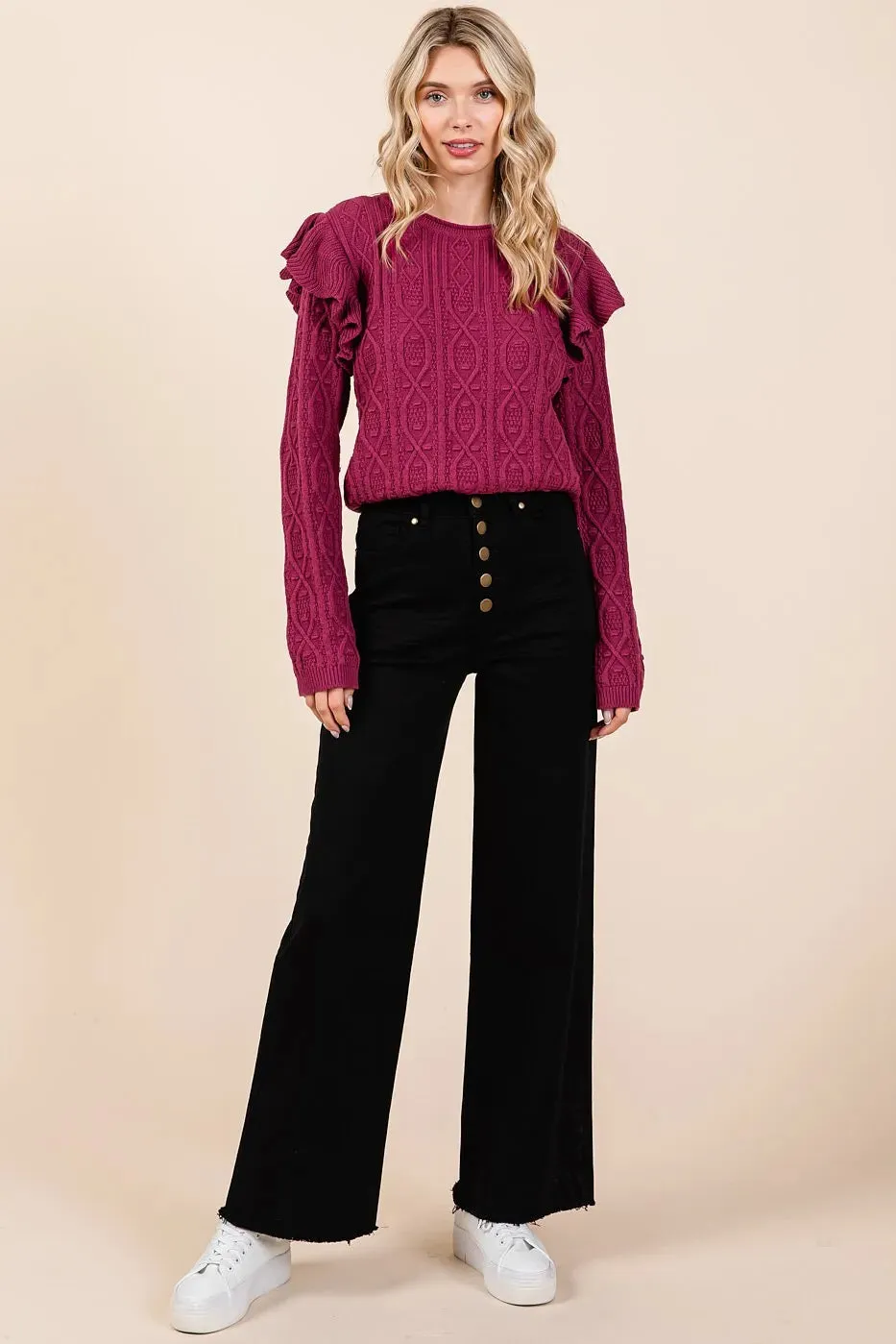 Mittoshop Twill High Waisted Button Fly Wide Leg Pants sold by Charming Charlie product image thumbnail 5