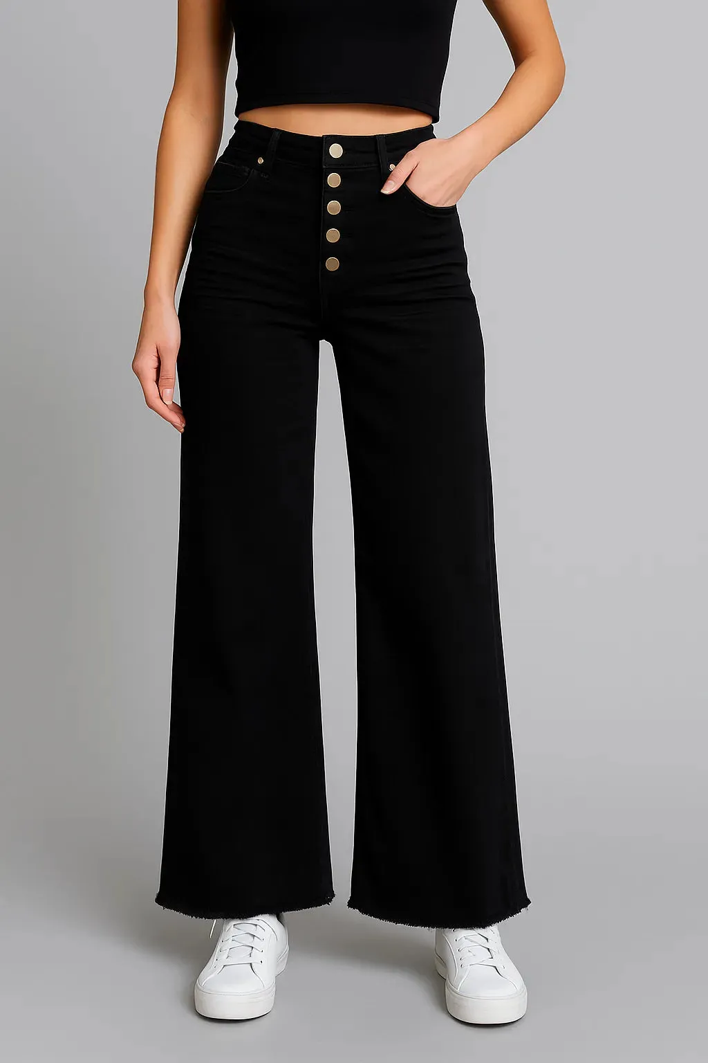 Mittoshop Twill High Waisted Button Fly Wide Leg Pants sold by Charming Charlie product image thumbnail 2