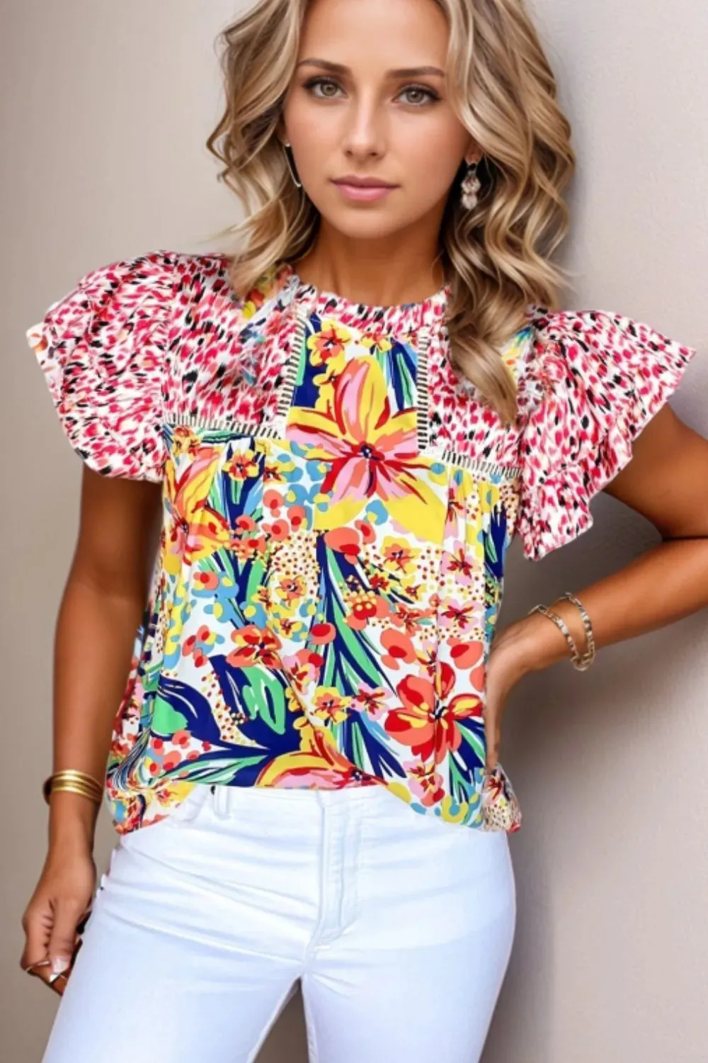Printed Round Neck Cap Sleeve Blouse sold by Charming Charlie
