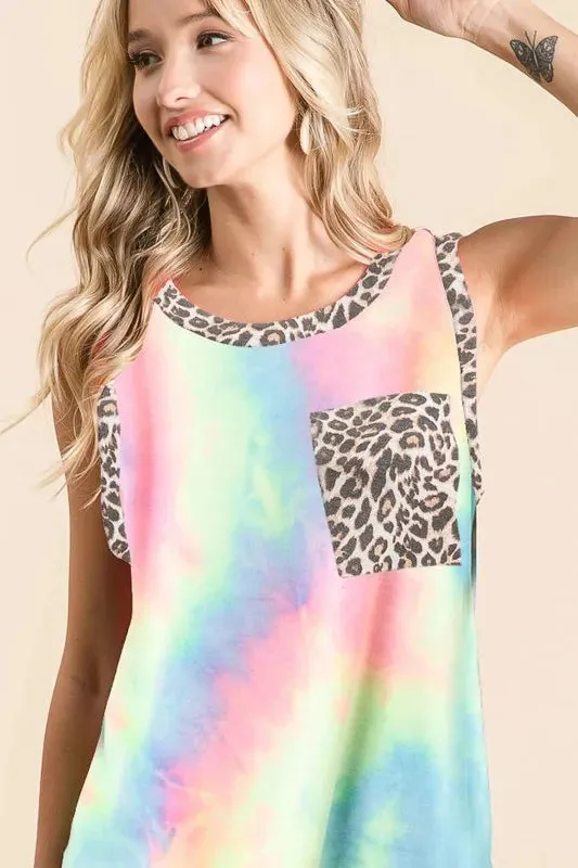 BiBi Sleeveless Tie Dye Top With Leopard Band sold by Charming Charlie