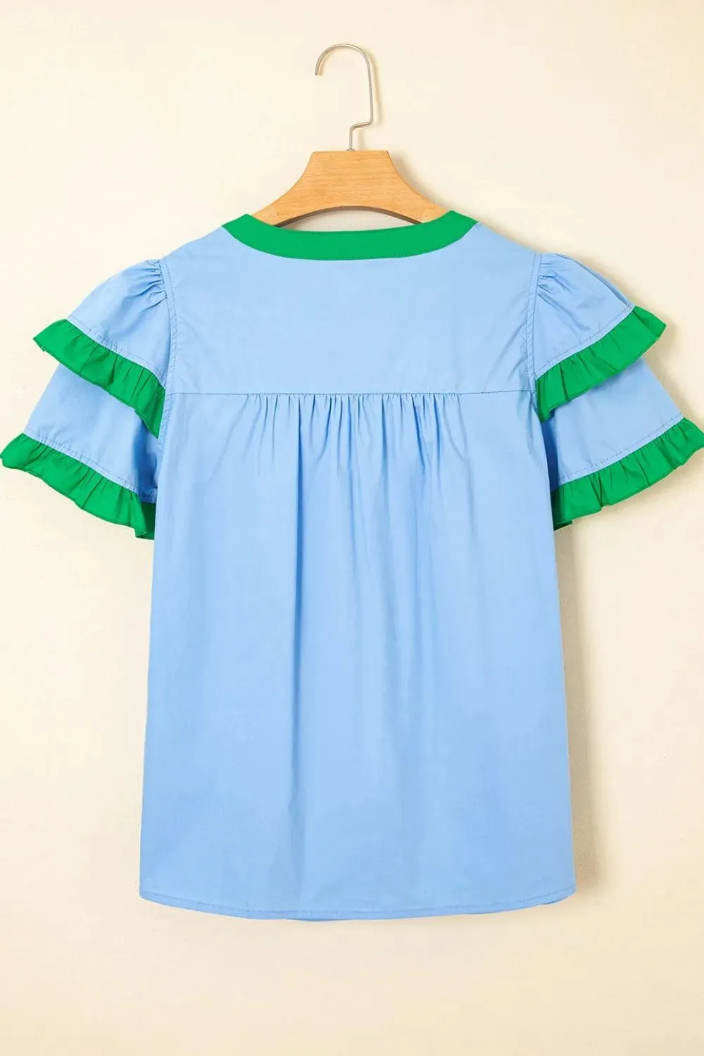 Contrast Notched Neck Frilly Detail Short Sleeve Blouse sold by Charming Charlie product image thumbnail 4