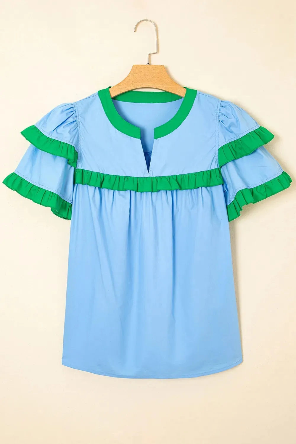 Contrast Notched Neck Frilly Detail Short Sleeve Blouse sold by Charming Charlie product image thumbnail 3